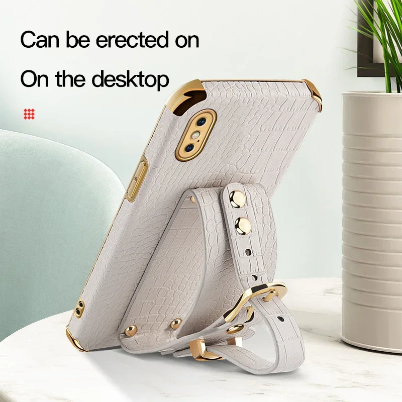 Wristband Wrist Strap Crocodile PU Leather Soft Phone Case For IPhone XS Max X XR Anti-Drop Holder Stand Cover Silicone Cases