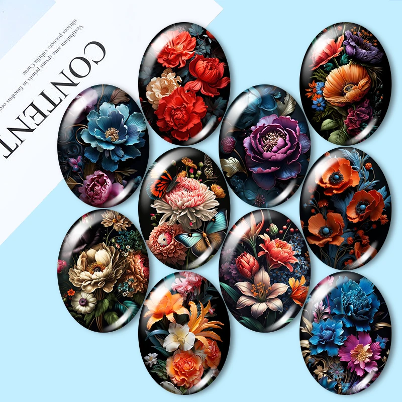 

Beautiful flowers Peony poppies Lily 10x14mm/13x18mm/18x25mm/30x40mm Oval photo glass cabochon demo flat back Making findings