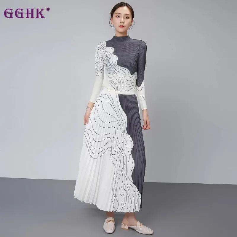 

GGHK Miyake Pleated Women Two Piece Set Half High Neck Printed Long Sleeve Top High Waist Fashion Half Skirt Female 2 Piece Set