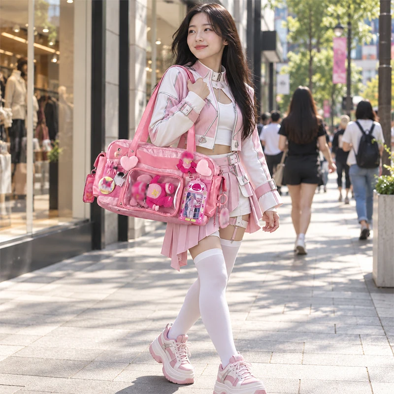 Y2k Leopard Ita Shoulder Bag Lolita Transparent Tote Bag Girls Large Capacity Crossbody Bag DIY Display Handbags Without Badge