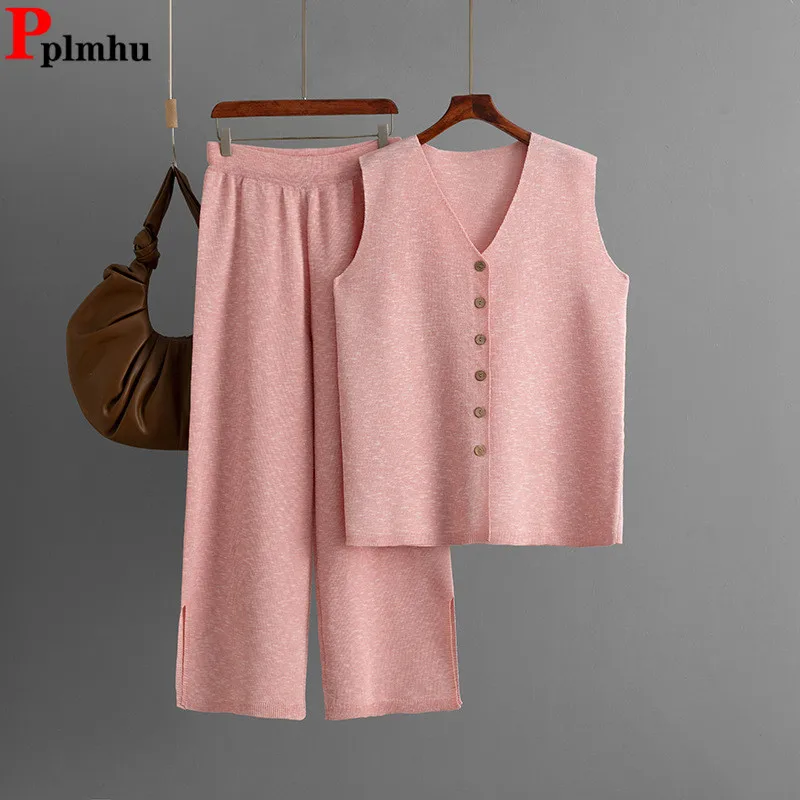 

Summer Loose Knitted 2 Piece Sets Women V-neck Single Breasted Sleeveless Vest Tops Conjuntos High Waist Wide Leg Pants Outfit