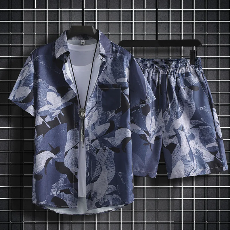 Hawaiian Beach 3D Printed Shirt Short Sleeve Men\'s Loose Plus Size Suit Hong Kong Style Retro Handsome Shirt Shorts Casual Sets