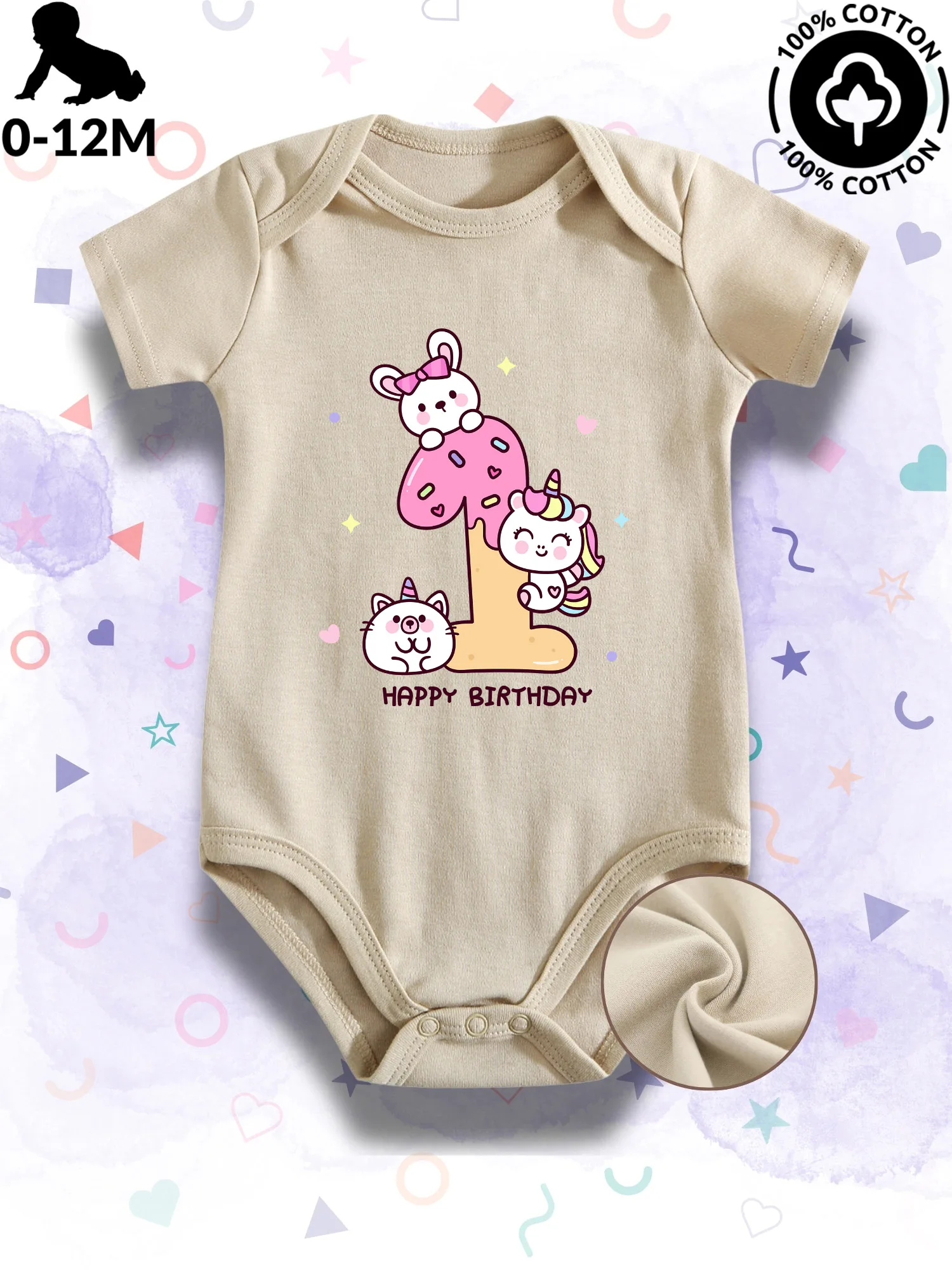 

Детское боди унисекс на первый день рождения единорога, мягкий комбинезон из 100% хлопка, всесезонный бежевый костюм для ползания 190GSM