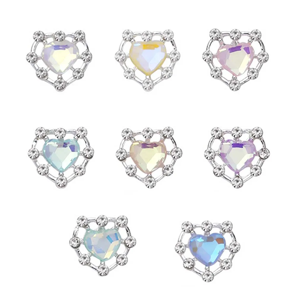 10Pcs 11x11mm Heart Shaped Designer Nail Art Charms 3D Alloy Aurora Multi-Colors Diamond Gems Nail Jewelry DIY Nail Rhinestones