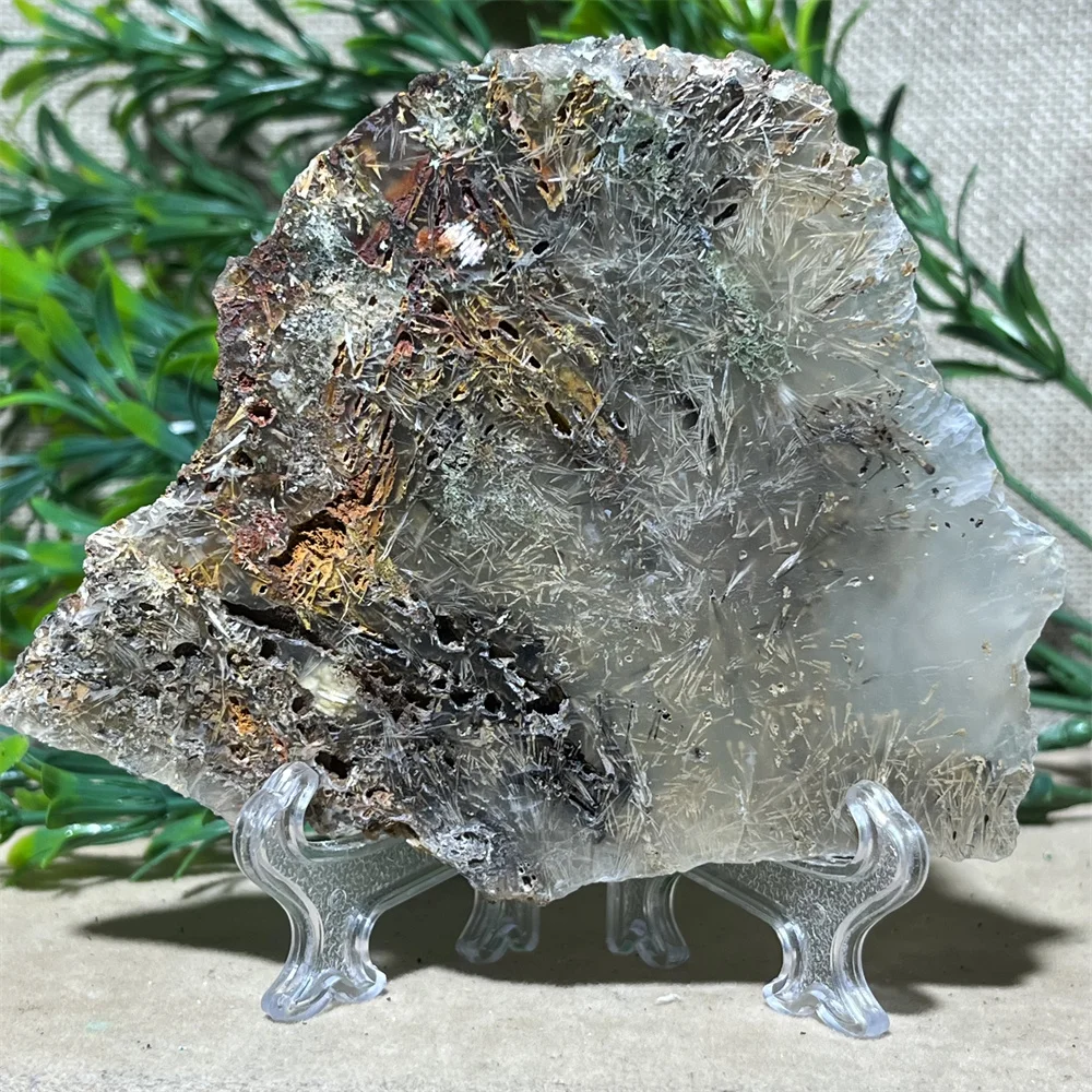 Crystal Natrural Agate Rutile Slab Slice Stone Reiki High Quality Beauty Healing Quartz Minerals Home Decoration + Stand