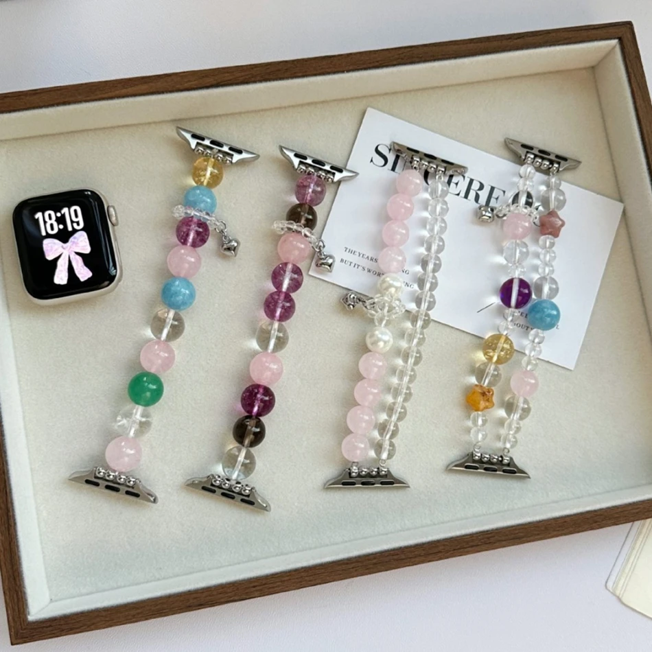 Tali untuk Apple Watch Band S11/10/9/8/7/SE/Ultra IWatch 49/46/45/44/42/41/40/38mm Gelang Elastis Kristal Manik-manik Kristal Modis