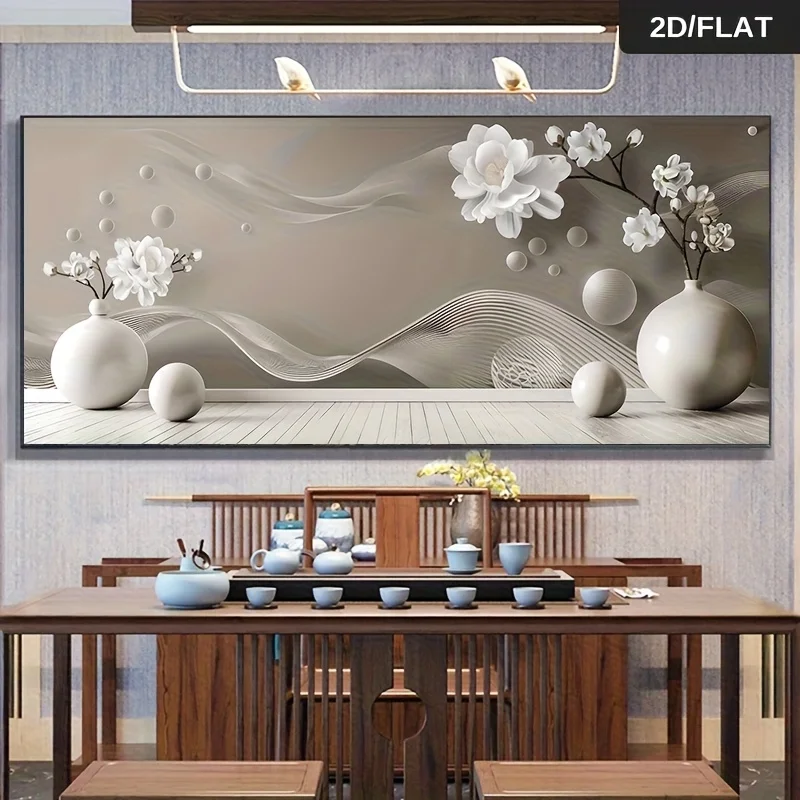 Frameless Modern Abstract Canvas Painting - White Vase with Blooming Flowers & Subtle Gray Waves, Wall Art for Living Room, Bedr