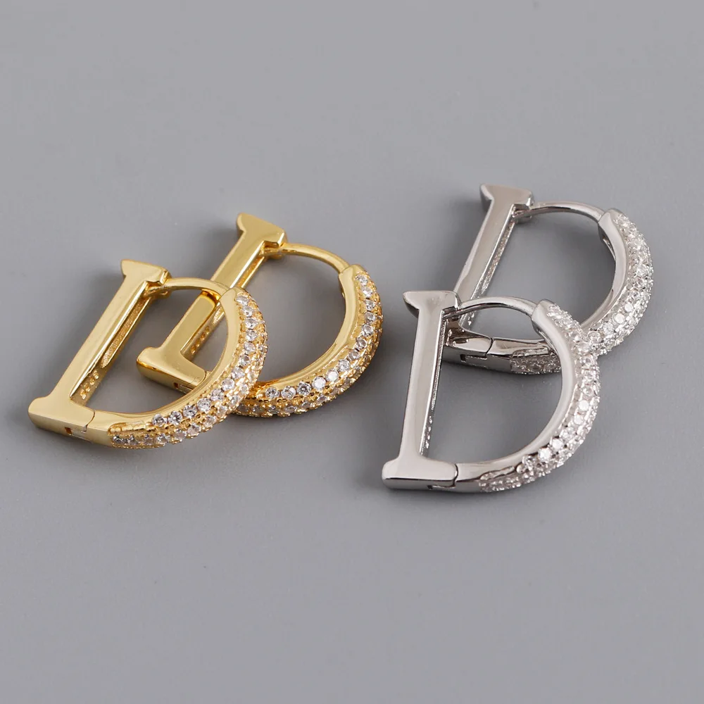 CCFJOYAS 100% 925 Sterling Silver Pave Zircon Letter D Hoop Earrings for Women European and American Personality Wedding Jewelry