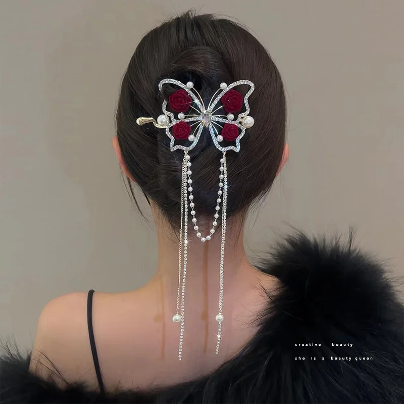 New Fashion Butterfly Tassel Hairpin Female Retro Elegant One Word Hairpin Ponytail Buckle Hair Clip Headwear Summer Accessories