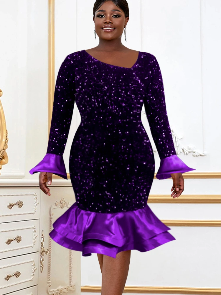 

Mermaid Sequins Dress for Women 2024 Ruffle Purple Shiny Midi Robes Femme Flare Sleeve Glittering Irregular Evening Party Gowns