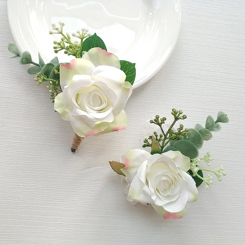 White Boutonniere Wedding Accessories Wrist Corsage Anniversary Silk Roses Artificial Brooch Flowers Buttonhole Guests Marriage