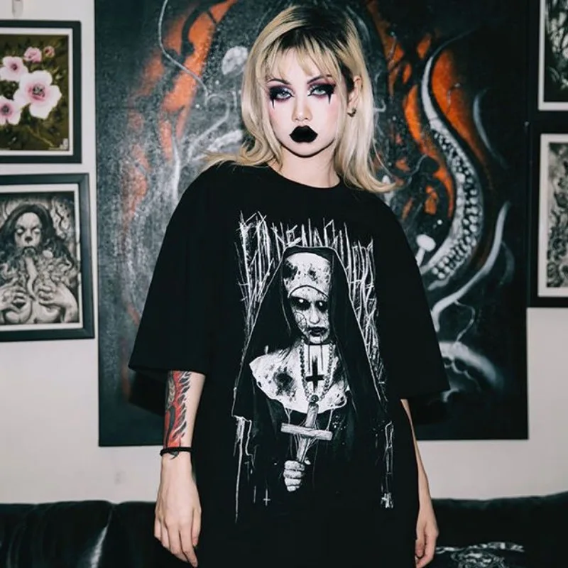 Women's Cotton T-shirt Gothic Short Sleeve Tee Summer Horror Skull Graphic T Shirts Punk Streetwear Top Women 2026 Y2k Tshirt
