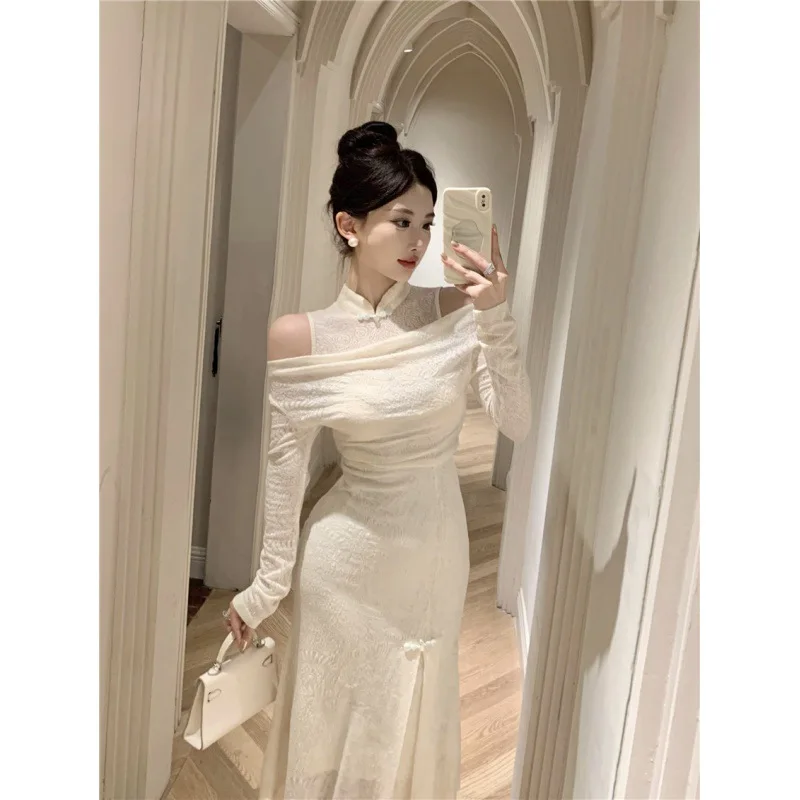 

Chinese Style Lace Dress Flying Sleeve Slit Trumpet Solid White Long Dress Woman Autumn and Winter New Women's Elegant Dresses