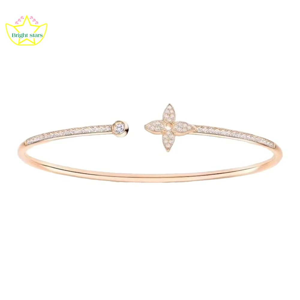 

Яркие звезды, стерлинговое серебро S925, четырехлистный клевер с бриллиантами, открытый браслет, роскошные женские браслеты