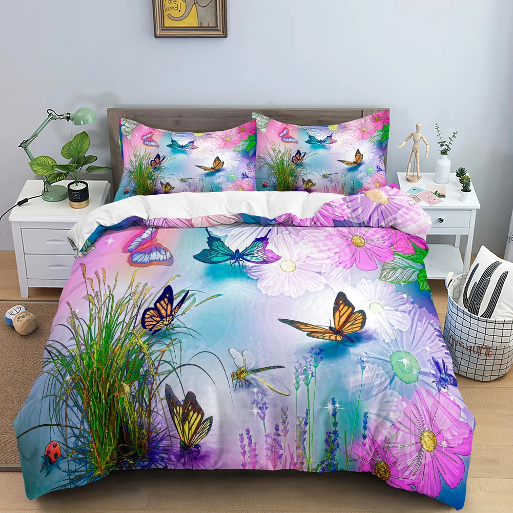 

Kid Girls: Queen/Double Size 3D Flower Butterfly Bedding Set - Polyester Comforter Set with Zippered Duvet (Quilt) Cover