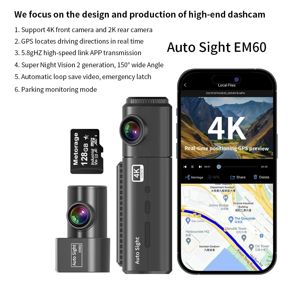 Dash Cam 4K WIFI GPS Parking Monitoring Automatic Loop Function High Temperature Function Front 4K Rear 2K Car Driving Recorder