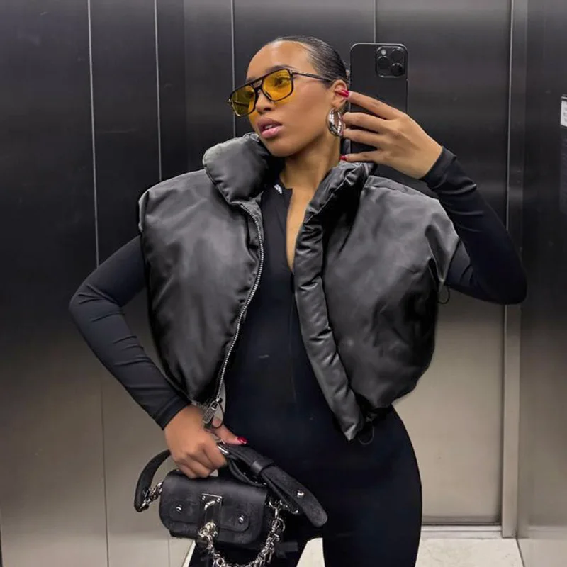 여성용 지퍼 퍼퍼 재킷 조끼, 민소매 귀여운 버블 코트, 스탠드 칼라 크롭 재킷, 짧은 파카 다운, 가을 겨울 패션