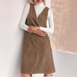 Autumn Retro Corduroy V-Neck Vest Dress Women's 2024 New Solid Color Chic Sleeveless Casual Bottoming Warm Dresses Vestidos