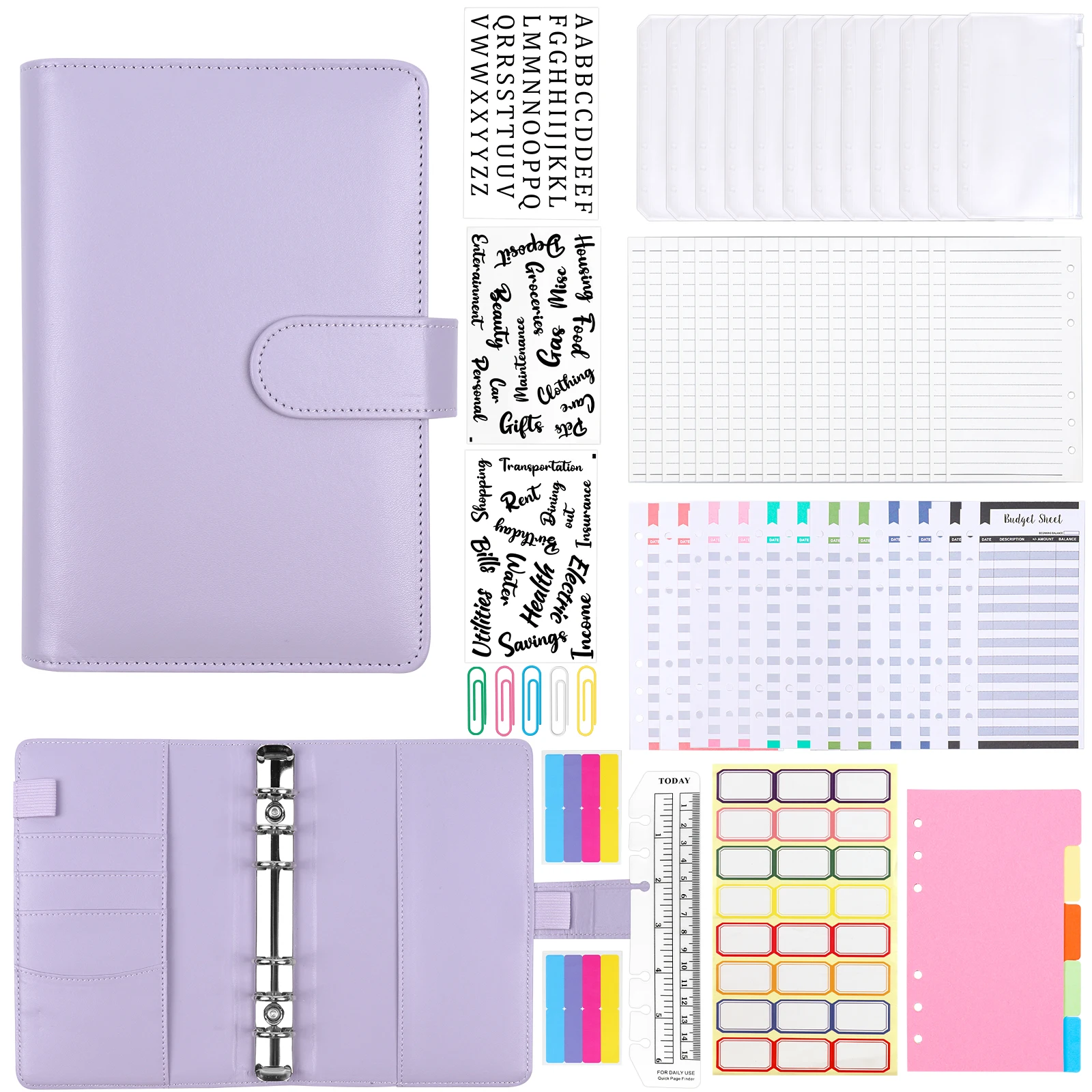 62pcs/set A6 Leather Ring Binder Notebook,with File Dividers,Budget Sheets,PVC Envelopes,Label,Paper Clips,Organiser with Pocket