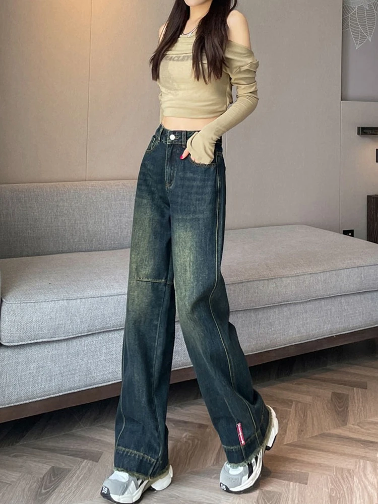 2025年秋冬 タッセルデザイン ワイドレッグジーンズ レディース 厚手 アメリカンスタイル 細身 ストレートパンツ