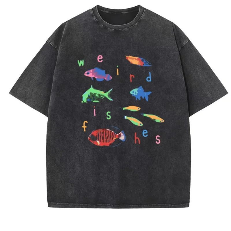 Weird Fishes Graphic Tee Men Women Casual Funny Fish T-Shirt Retro Washed Short Sleeve Round Neck T Shirt Oversized Streetwear