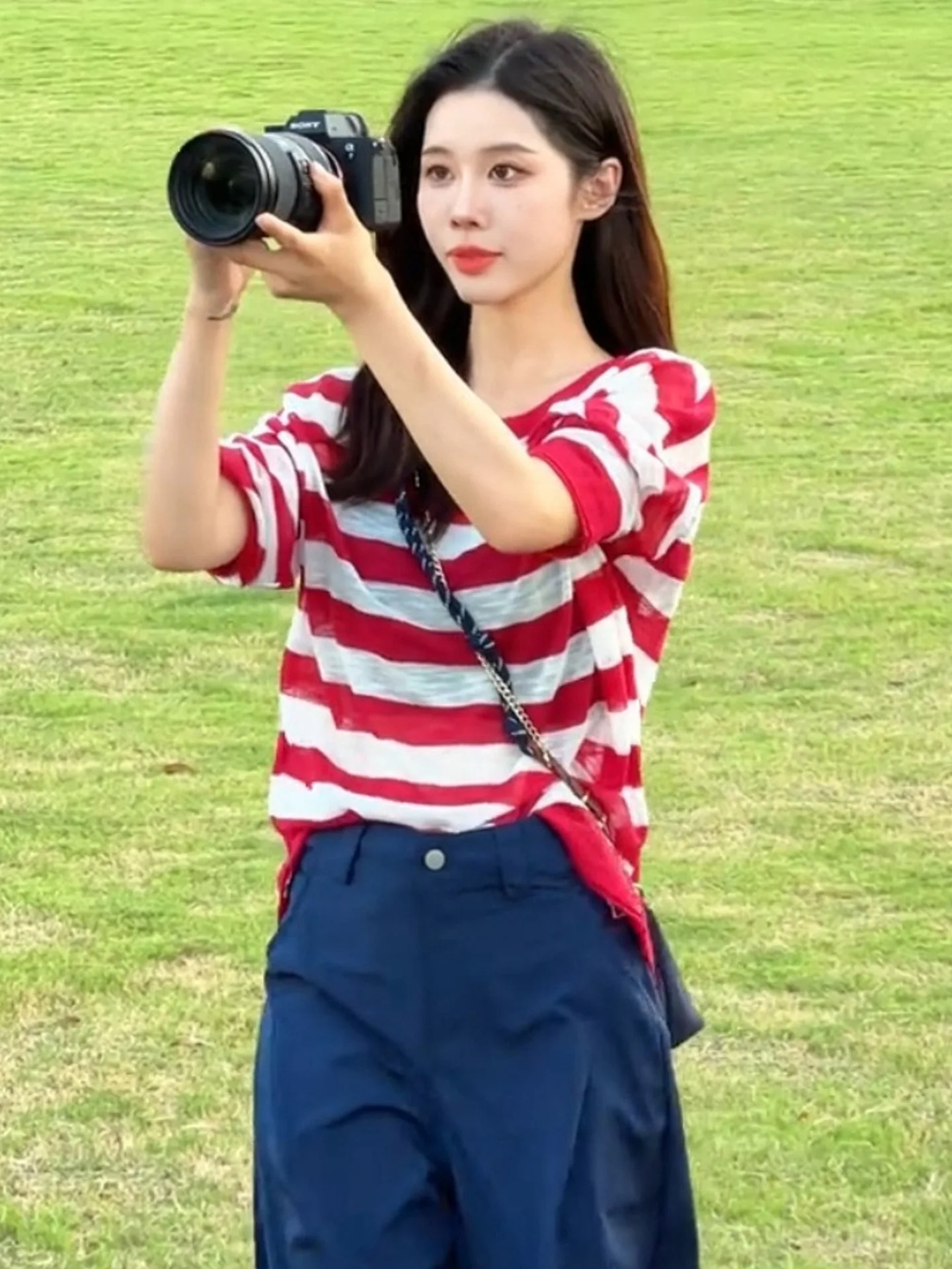 

High-End Red Stripe Long Sve Women's T-irt Korean Sle Loose Fit Early Autumn New Arrival Comfortable Straight Cut Silk