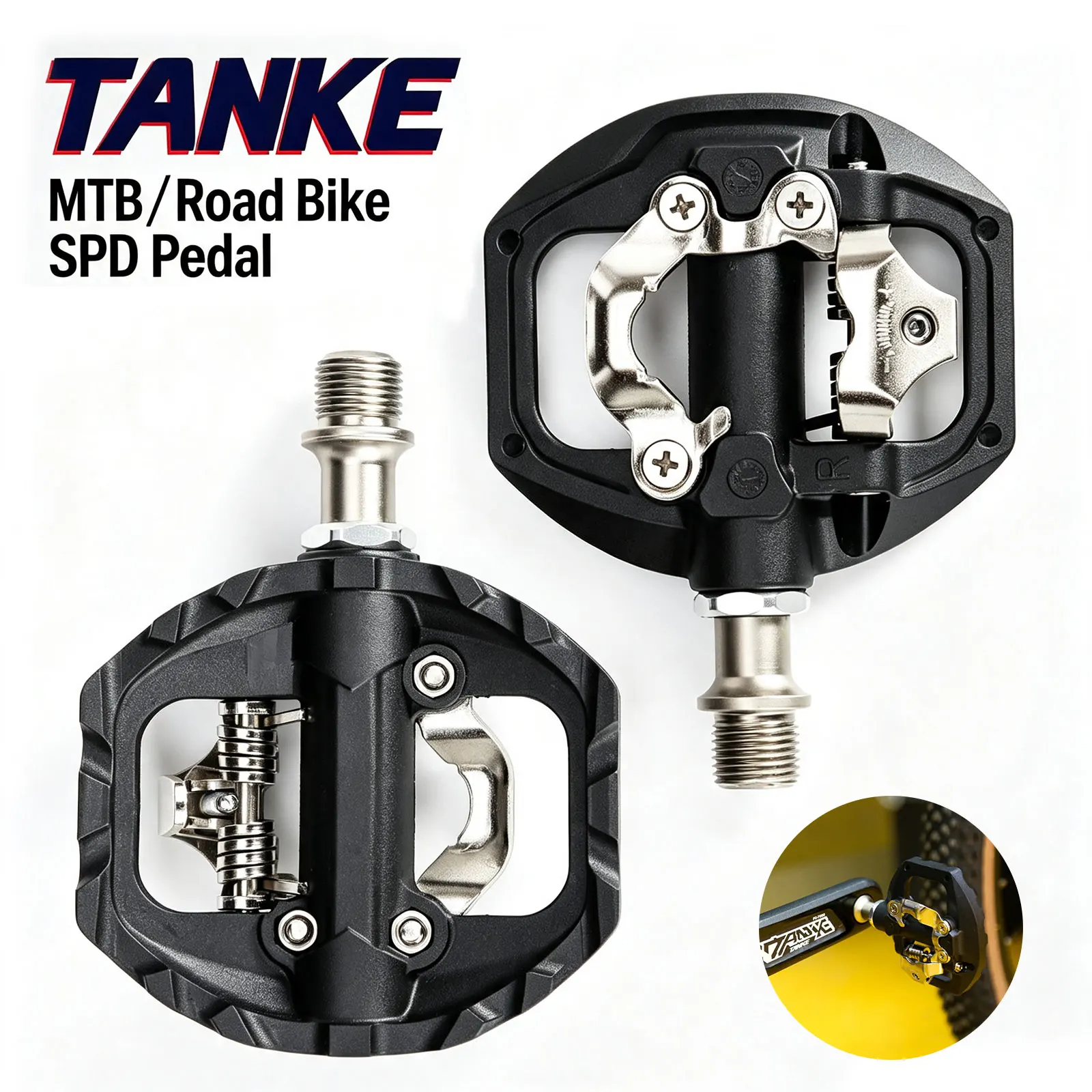 TANKE Mountain Bike Pedals 3 Sealed Bearing SPD Dual Clipless Flat & Lock Pedal Aluminum Cycling Pedals Nylon Cycling Accessory