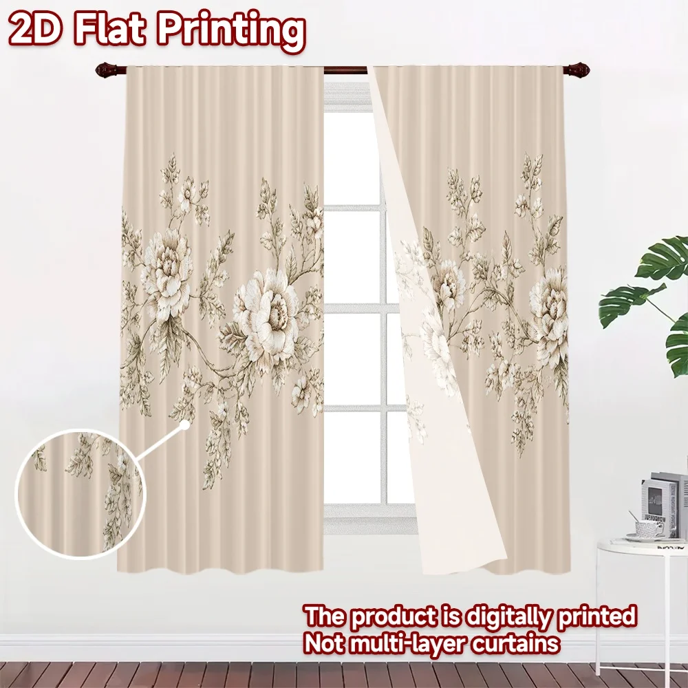 2D FLAT PRINTING 2pcs Curtains (Without Rod) Elegant Floral Bouquet Pattern Modern Curtains Versatile 100% Polyester Curtains