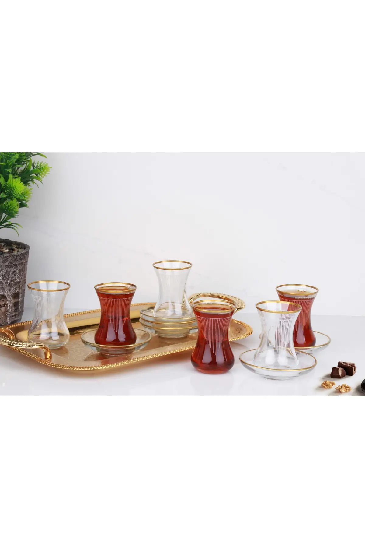 DOLBOVI Striped 12 Piece Mouth Gold Leaf Tea Set Turkish Tea Glass Cup