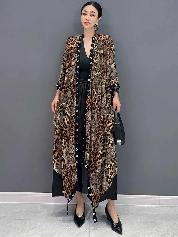 SHENGPALAE Leopard Print Long Sleeved Long Coat 2024 Summer New Trendy Casual Fashion Loose Beautiful Women\'s Overcoat 5C1330