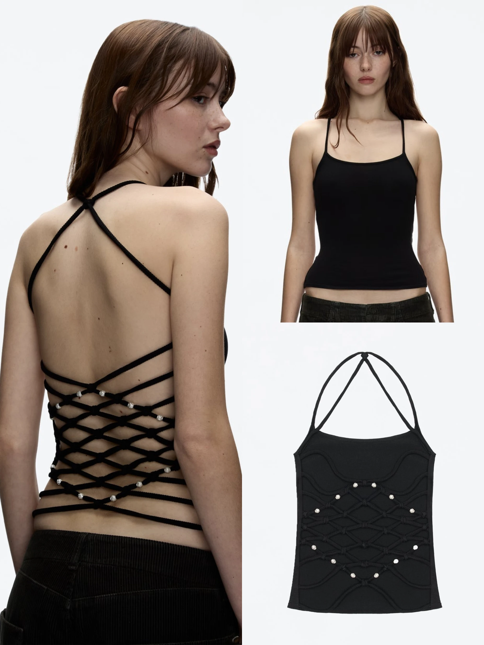 

Майка с сексуальным дизайном с открытой спиной, вязаный топ с бретелькой на шее и ромбовидным узором ручной работы, короткий эластичный жилет для горячих девушек, модный и универсальный свитер из бисера