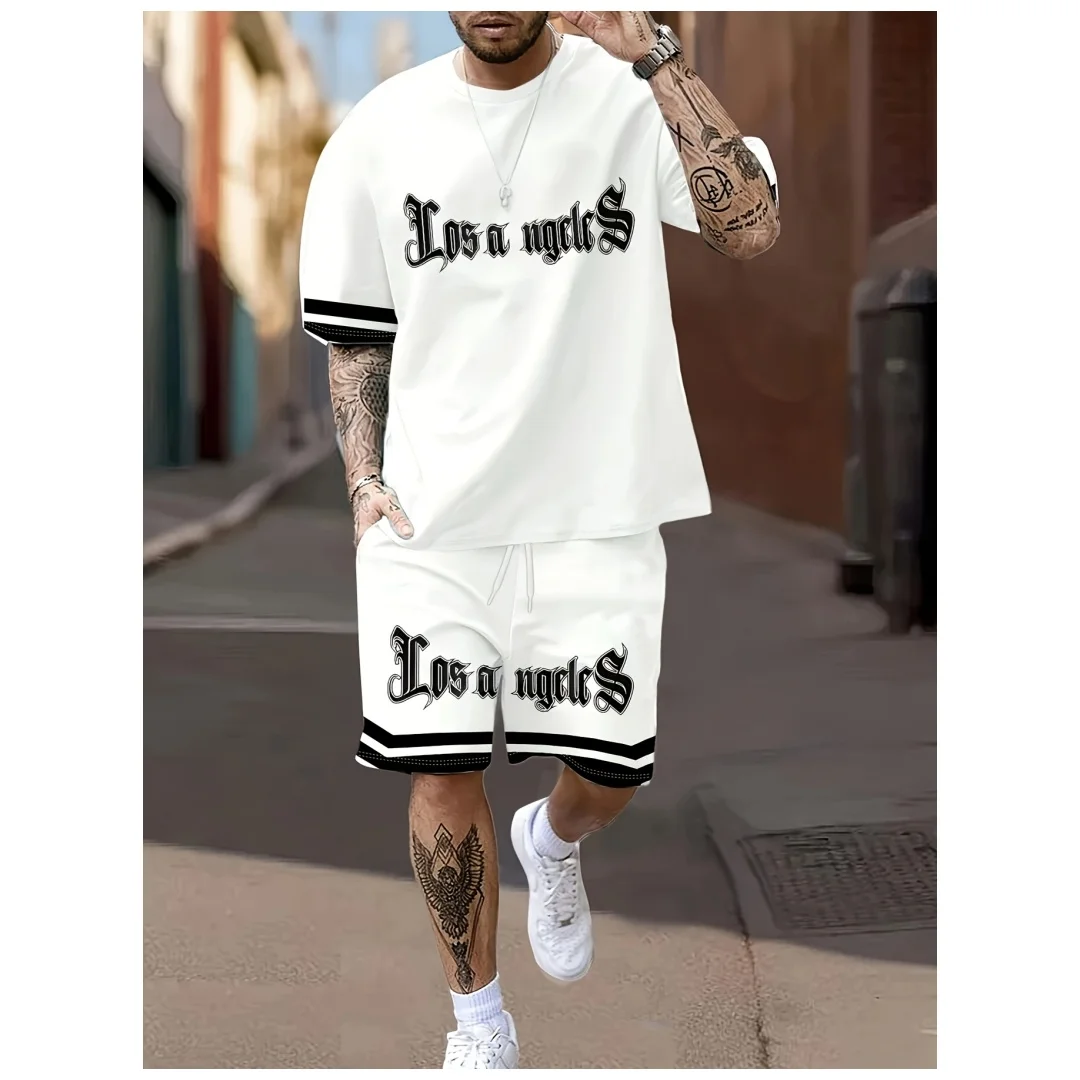 

Мужская летняя готическая дышащая футболка в полоску с буквенным принтом и шортами, комплект уличной мужской одежды, комплект футболок
