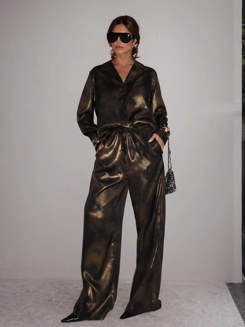 

Marthaqiqi Fashion Female Nightwear Set Long Sleeve Nightgowns Sexy Turn-Down Collar Sleepwear Pants Women Pajamas 2 Piece Suit