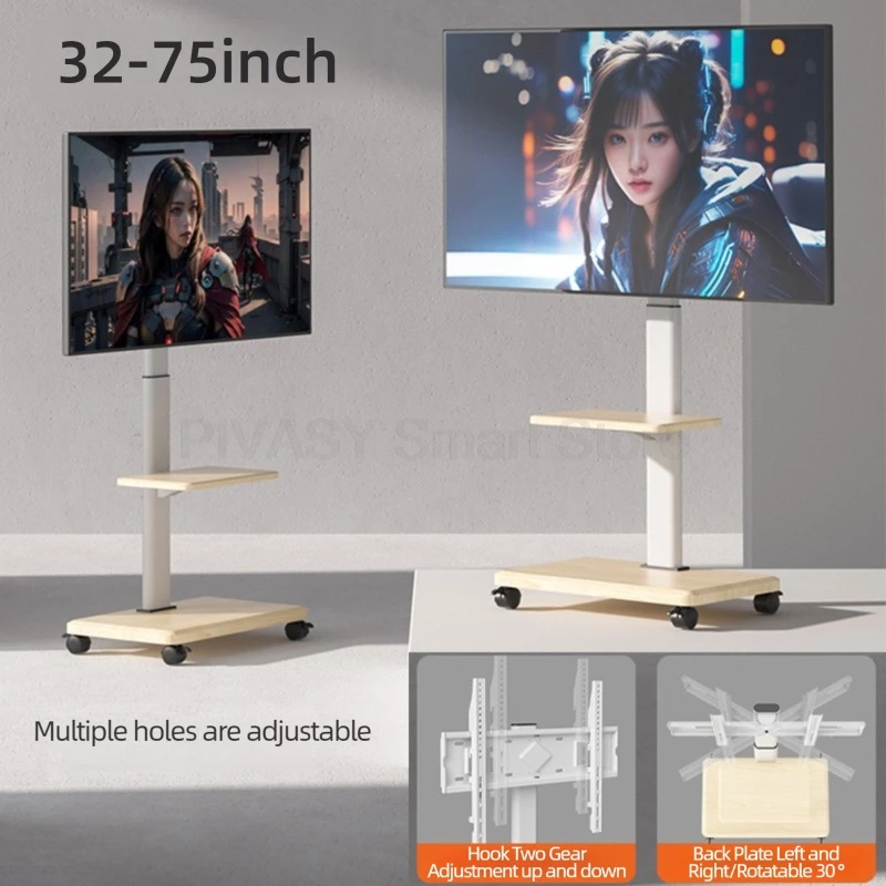 55インチ、65インチ、75インチスクリーン対応 モバイルフロアマウント モダン木製テレビスタンド ローリングカート トレイ付き 360度回転ホイール 省スペース リビングルーム用