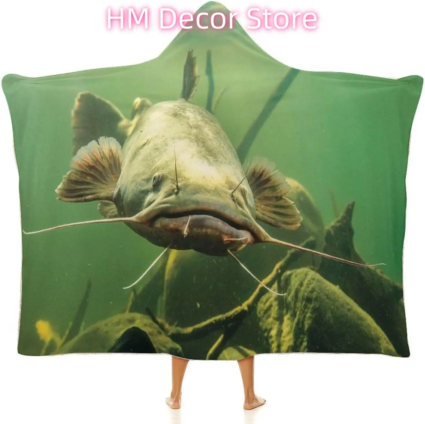 Underwater Catfish Print Cloak Hooded Blanket Ultra-Soft, Warm, And Stylish Wearable Blanket for All Ages