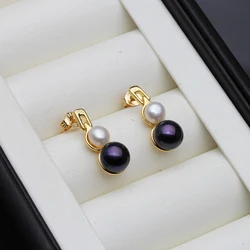 Real Natural Double Pearl Earrings For Woman,Cute Bridal Stud Earring Pearl Fine Jewelry Wife Mother Gift White Black