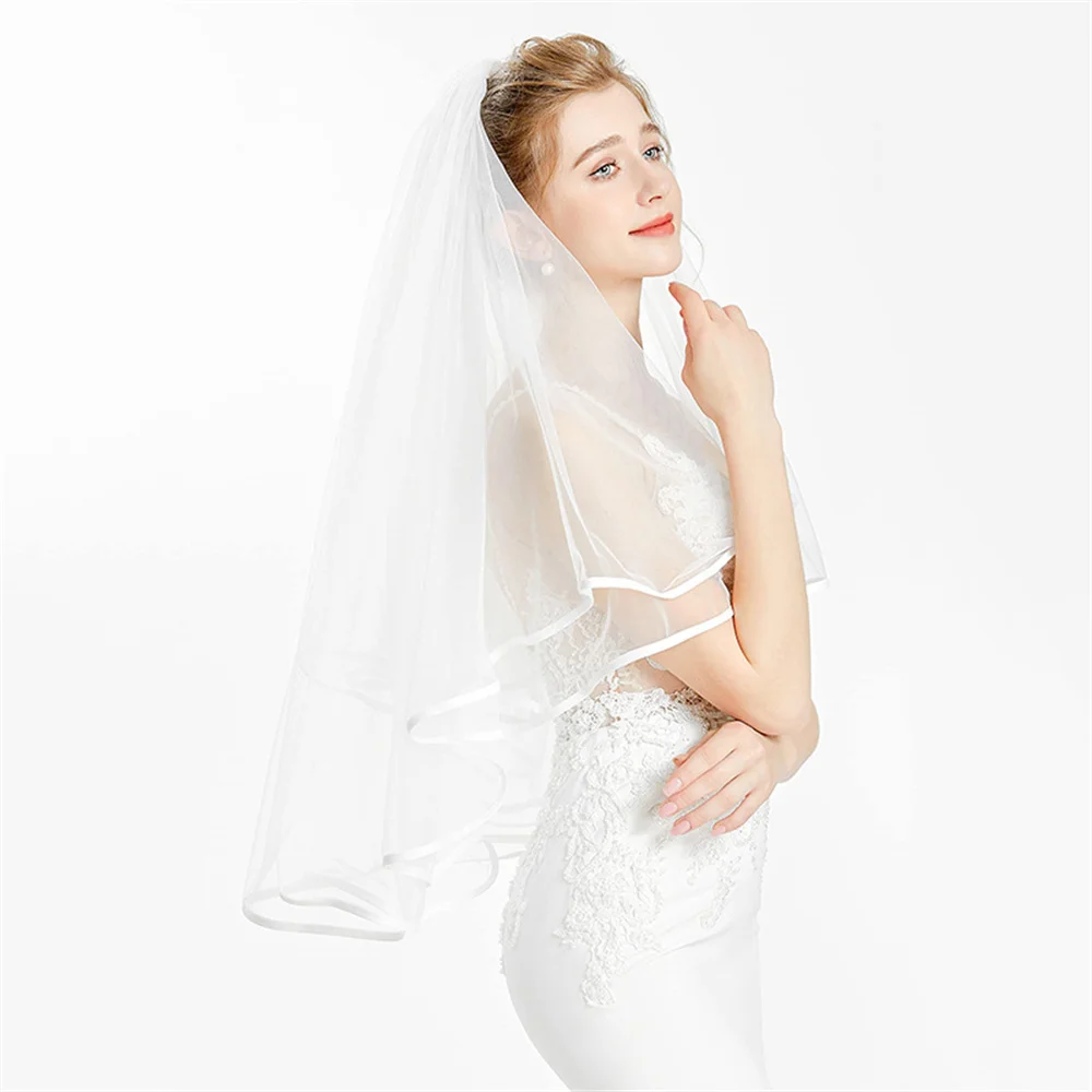 Limit Discounts Simple Two Layers Wedding Veils Ivory White Short Tulle Bridal Veil with Bow Tie Wedding Accessories