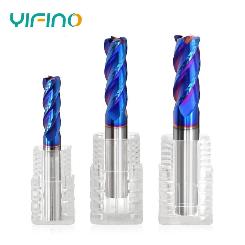 YIFINO CNC Machining Tools Tungsten Carbide HRC65 Blue Nano Coating 4-Flutes Milling Cutter For Steel 1.0-20MM Flat End Mills