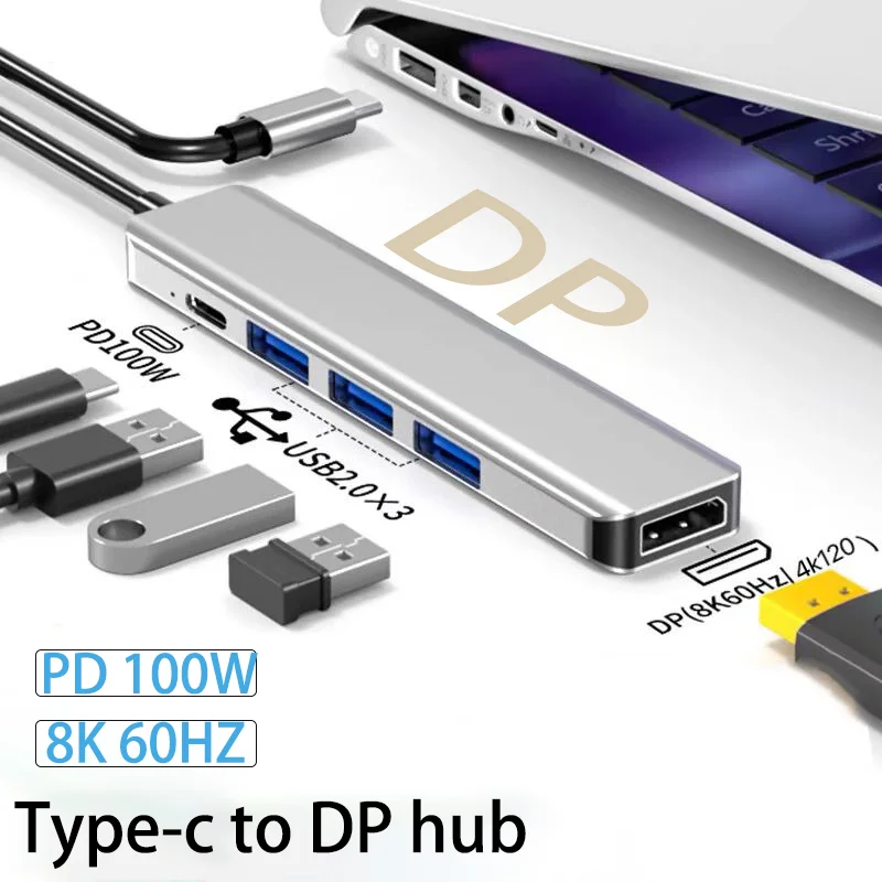 

5-in-1 USB C to DP Hub DisplayPort/USB/100W PD Port Docking Converter for Mac Expansion Dock Type-C Thunderbolt 3 to 8K@60H