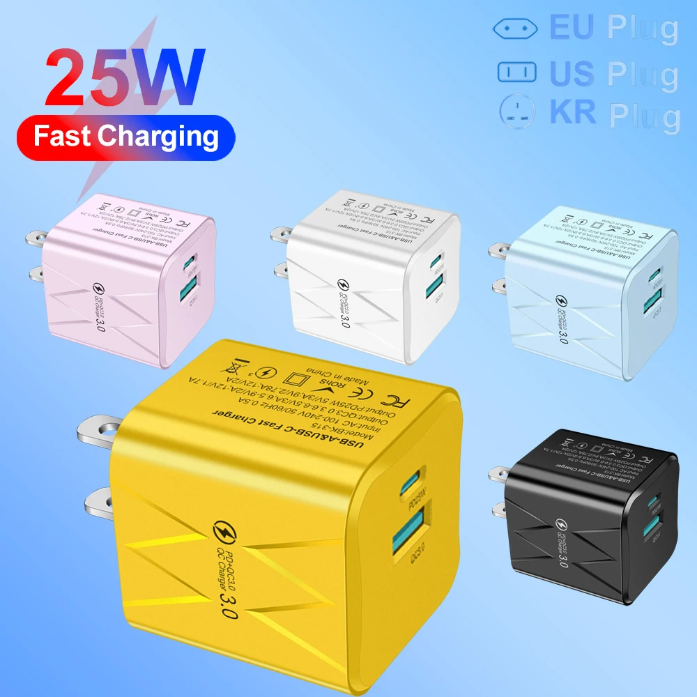 PD 25W USB C Fast Charger for iPhone 15 Pro Max Xiaomi 14 Oneplus KR EU US Mini 2 Ports Travel Plug Phone Fast Charging Adapter