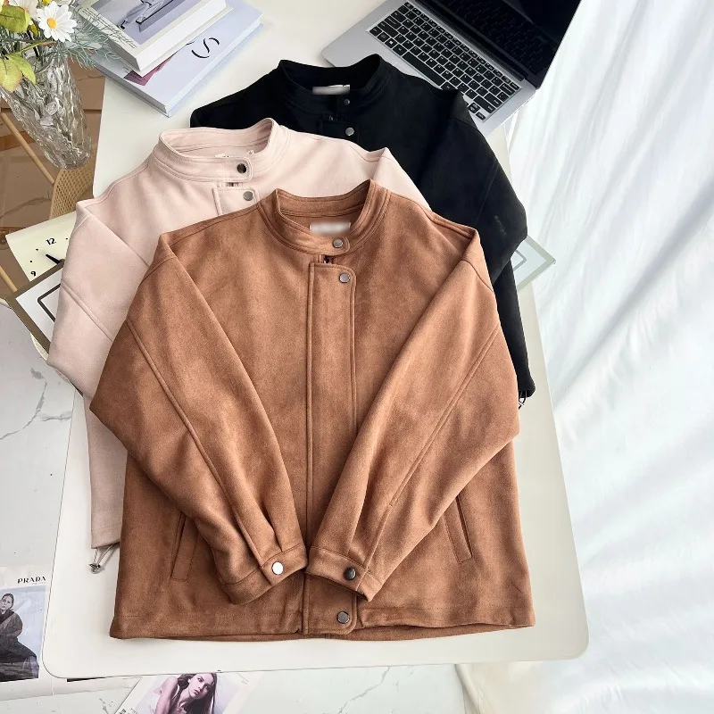 

NEW Spring Autumn Oversize Loose Suede Jacket Women's Sports Casual Coat Zip-up Stand-up Collar Tops Female Streetwear Outerwear
