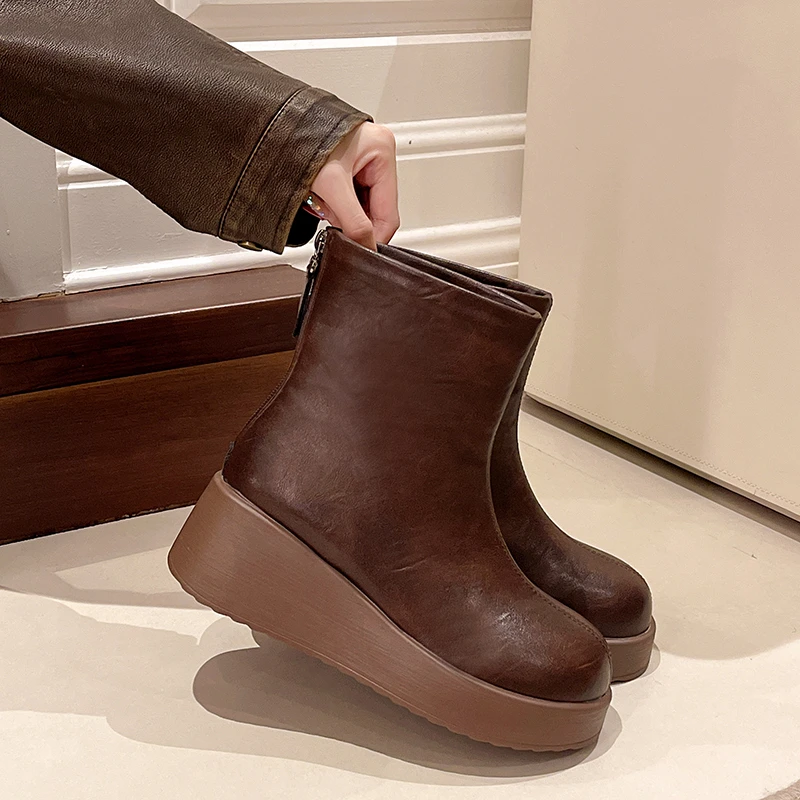 Wedge Heel Booties Fashion Round Toe Rear Zipper Platform Soft Sole Anti-Slip Wear-Resistant High Heels