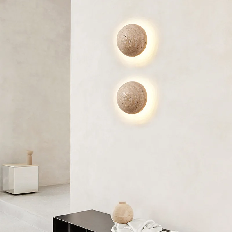 Minimalist Travertine Marble Wall Sconce – Round Natural Stone Fixture with Warm Ambient Glow for Modern Interiors