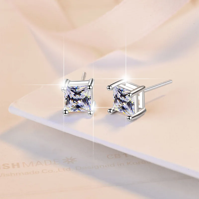 S925 Sterling Silver Stud Earrings Girls Fashion Princess Square 1 Carat D Color Moissanite Earrings