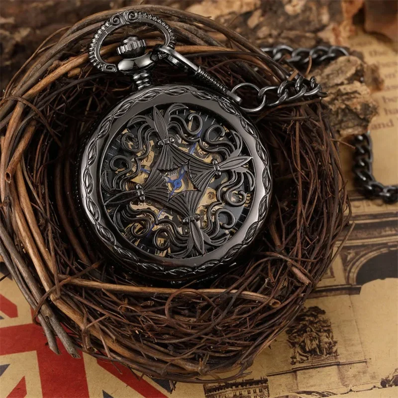 Vintage Black Mechanical Hollow Hunter Hand Wind Pocket Watch Luminous Pointer with Chain for Men