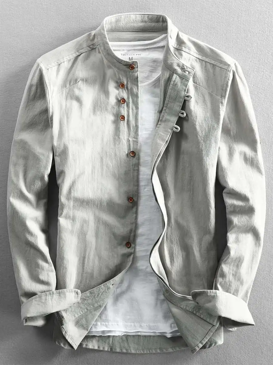 

Autumn New Men's Casual Linen Shirt Vintage Collar Slim Fit PU Leather Long Sleeve CleanFit Inner Wear Pure Color for Daily Use