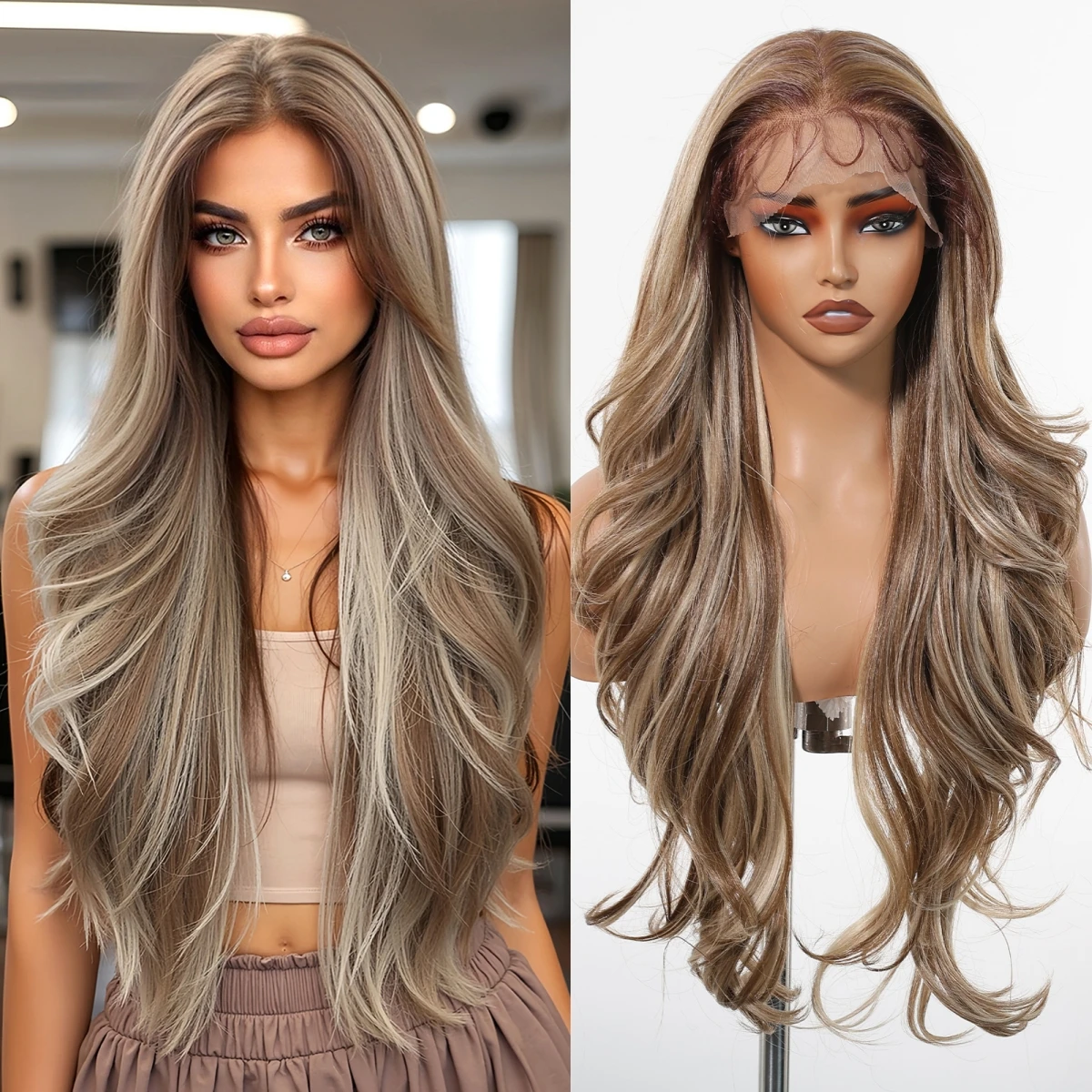 HAIRCUBE 13*6 الدانتيل أمامي بيروكات صناعية للنساء الاستخدام اليومي للحفلات براون شقراء تسليط الضوء على الباروكات الطبيعية طويل الجسم موجة شعر مستعار