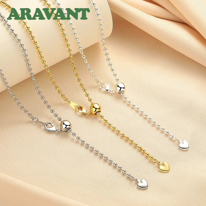 ARAVANT 925 Silber 18K Gold 2,4mm Minimalistische Verstellbare Kugelkette mit Herzanhänger für Damen Modeschmuck – Detail 2