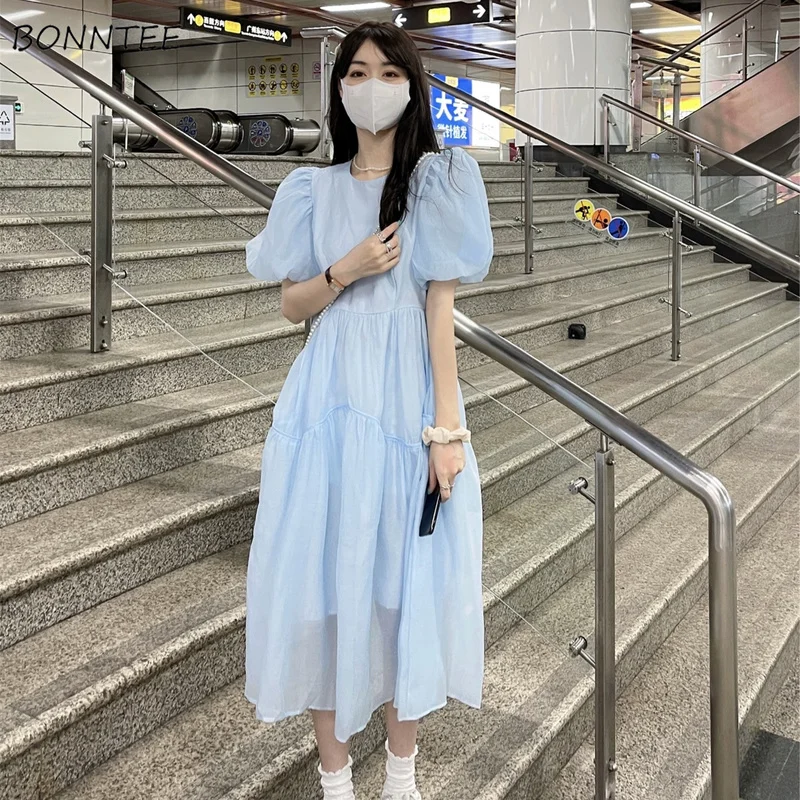 Dresses Women Puff Sleeve Blue Sweet Style Stylish Causal A-line Korean Mujer Mid-calf Tender Girlish Harajuku Streetwear Party