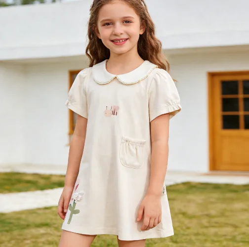 

2026 Summer Short Sleeved Baby Girl Dress Cotton Soft Skirt Doll Neck Cute Beautiful Kids Dress